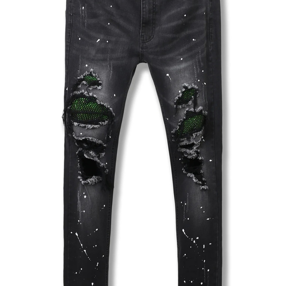 NWT KDNK Black Green Rhinestone Patched Jeans 34” Ripped Paint Splader Skinny